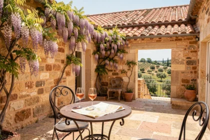 Cour en pierre ensoleillée typique du Gard avec table en fer forgé, verre de rosé et carte touristique, évoquant les meilleurs hôtels de la région