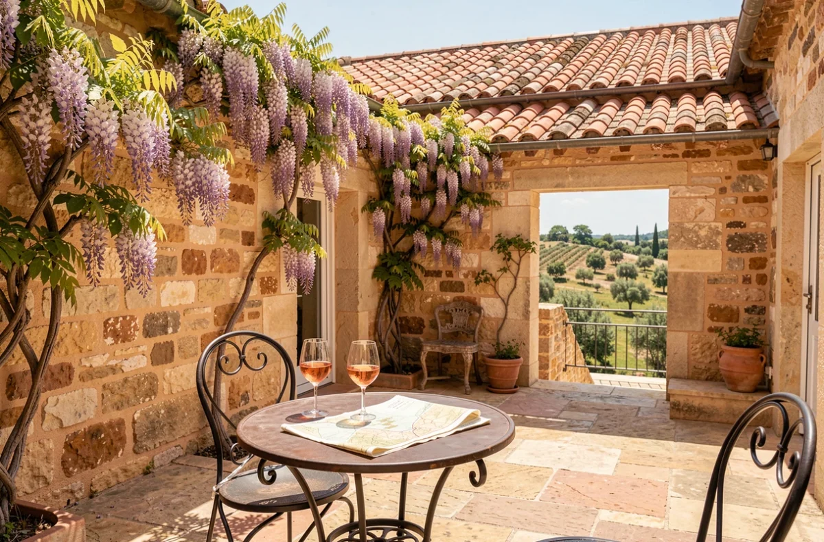 Cour en pierre ensoleillée typique du Gard avec table en fer forgé, verre de rosé et carte touristique, évoquant les meilleurs hôtels de la région