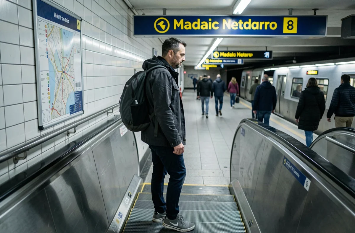 Voyageur prenant le métro ligne 8 depuis l'aéroport de Madrid vers le centre-ville