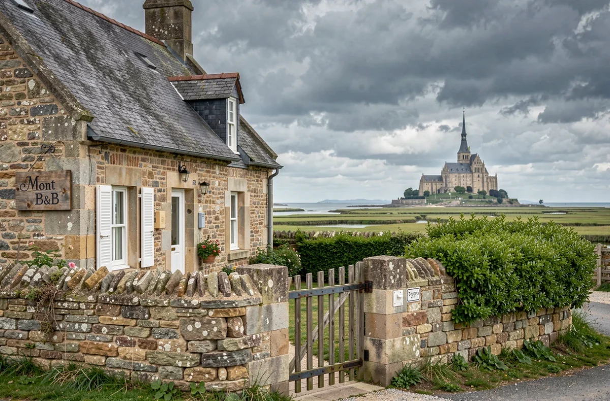Extérieur du Mont B&B à Pontorson, bâtiment en pierre normande avec la silhouette emblématique du Mont-Saint-Michel visible à l'horizon dans les marais