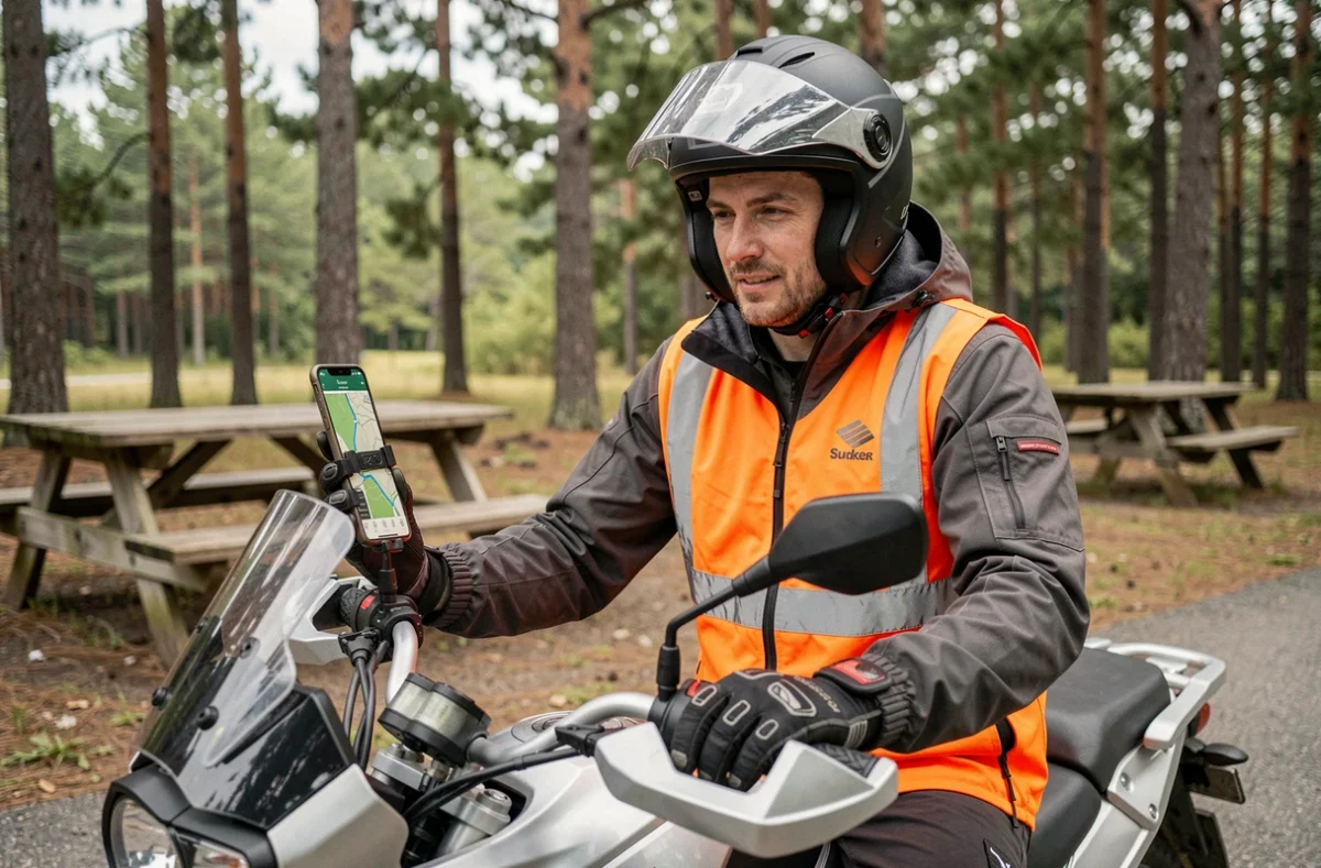 Motard débutant vérifiant son itinéraire GPS sur smartphone lors d'une pause en forêt pendant un road trip moto