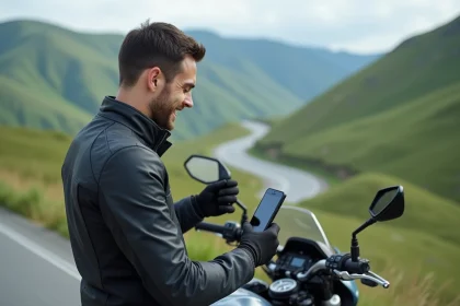 Homme en moto vérifiant son smartphone en pleine nature