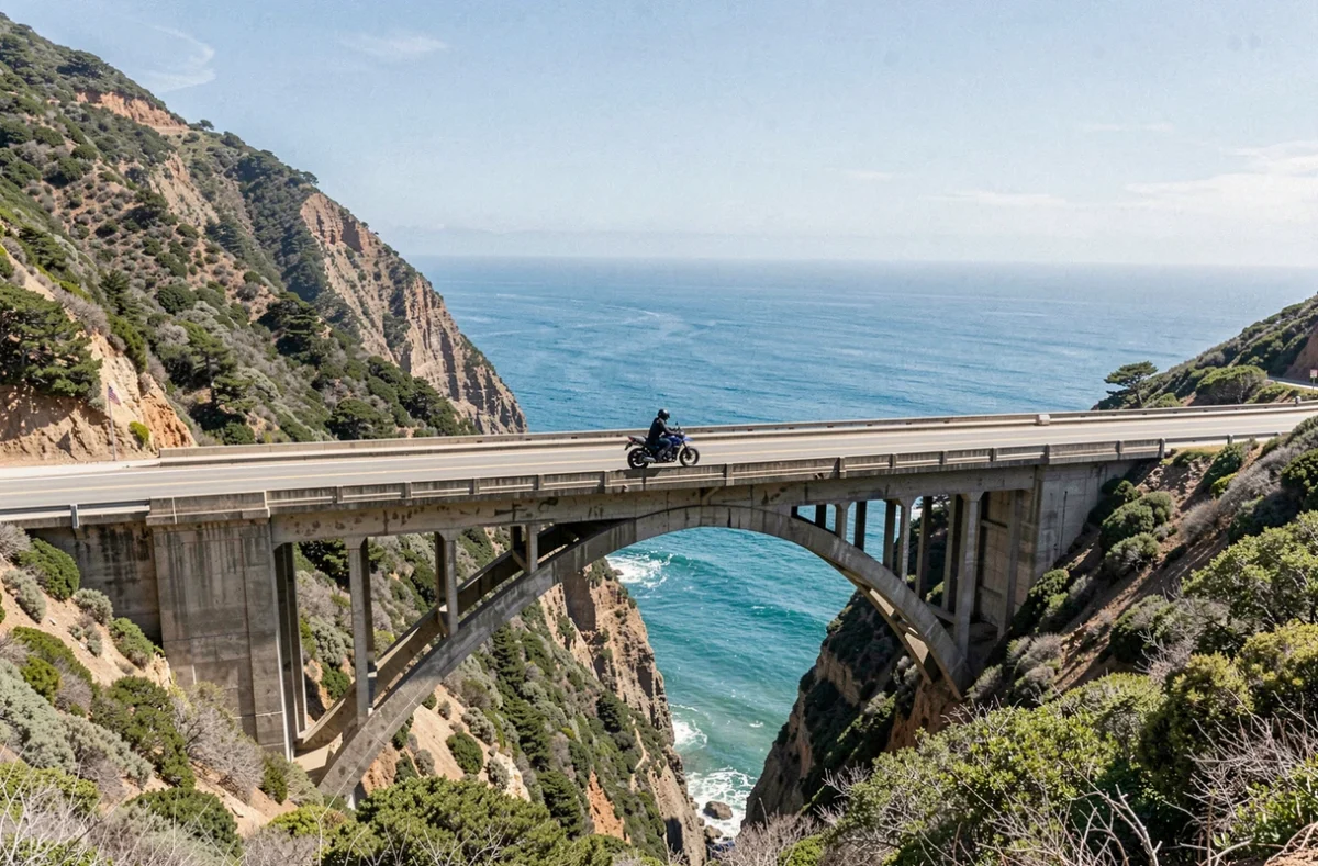 Route côtière Pacific Coast Highway à Big Sur en Californie avec un pont en arc de béton enjambant une falaise spectaculaire sur l'océan Pacifique