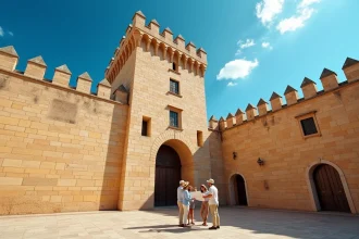 Façade extérieure du Palais des Normands à Palerme avec des touristes devant l'entrée en pierre