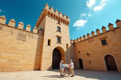 Façade extérieure du Palais des Normands à Palerme avec des touristes devant l'entrée en pierre