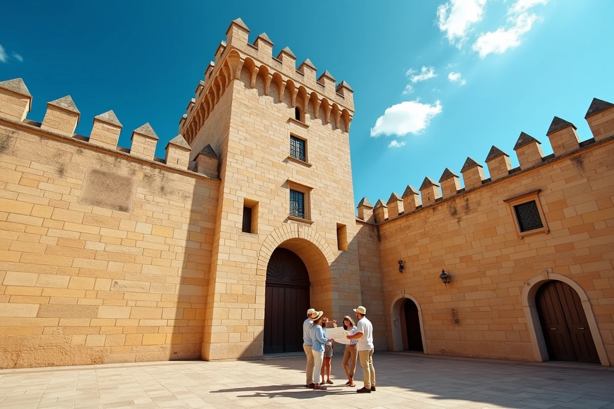 Façade extérieure du Palais des Normands à Palerme avec des touristes devant l'entrée en pierre