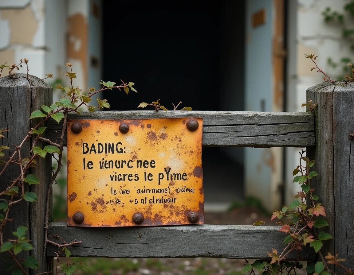 Panneau de danger rouillé et clôture vermoulue bloquant l'entrée d'un bâtiment en ruine dans une ville fantôme en France