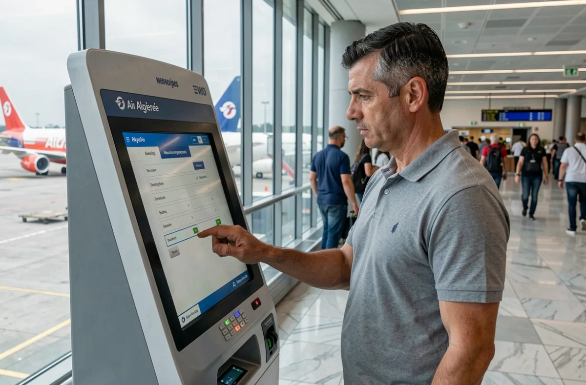 Passager masculin gérant sa réservation Air Algérie sur une borne libre-service à l'aéroport