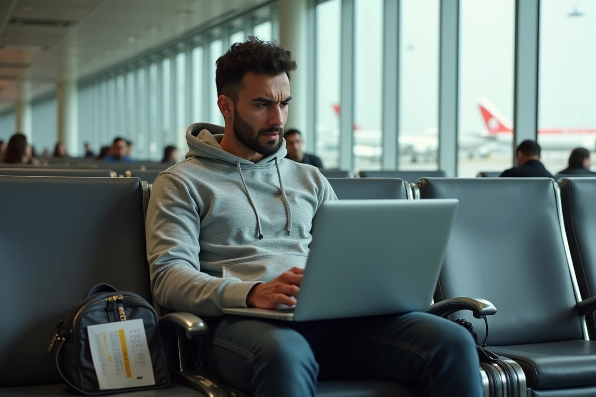 Passager gérant sa réservation Air Algérie en ligne sur laptop dans un terminal d'aéroport