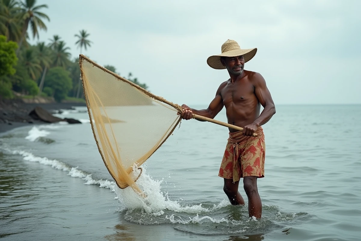 Pêcheur balinais lançant un filet traditionnel dans la mer calme de Lovina Beach à Bali, sarong batik, ambiance authentique hors saison