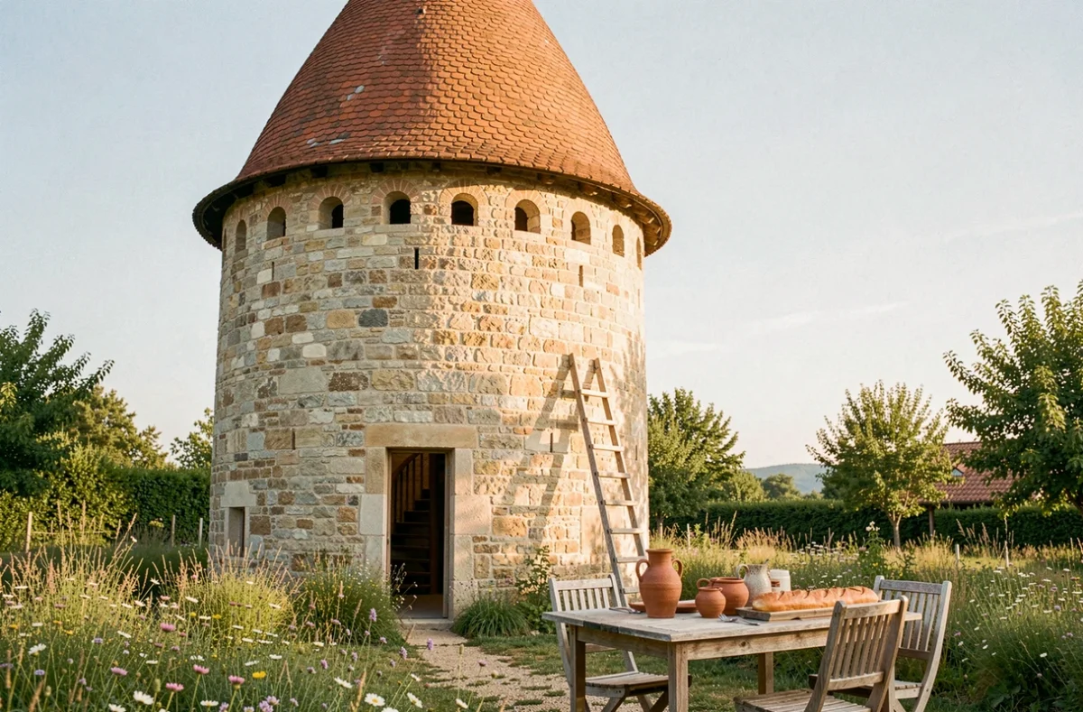 Tour de pigeonnier en pierre de Le Pigeonnier de Marguerite avec table de jardin dressée et végétation fleurie