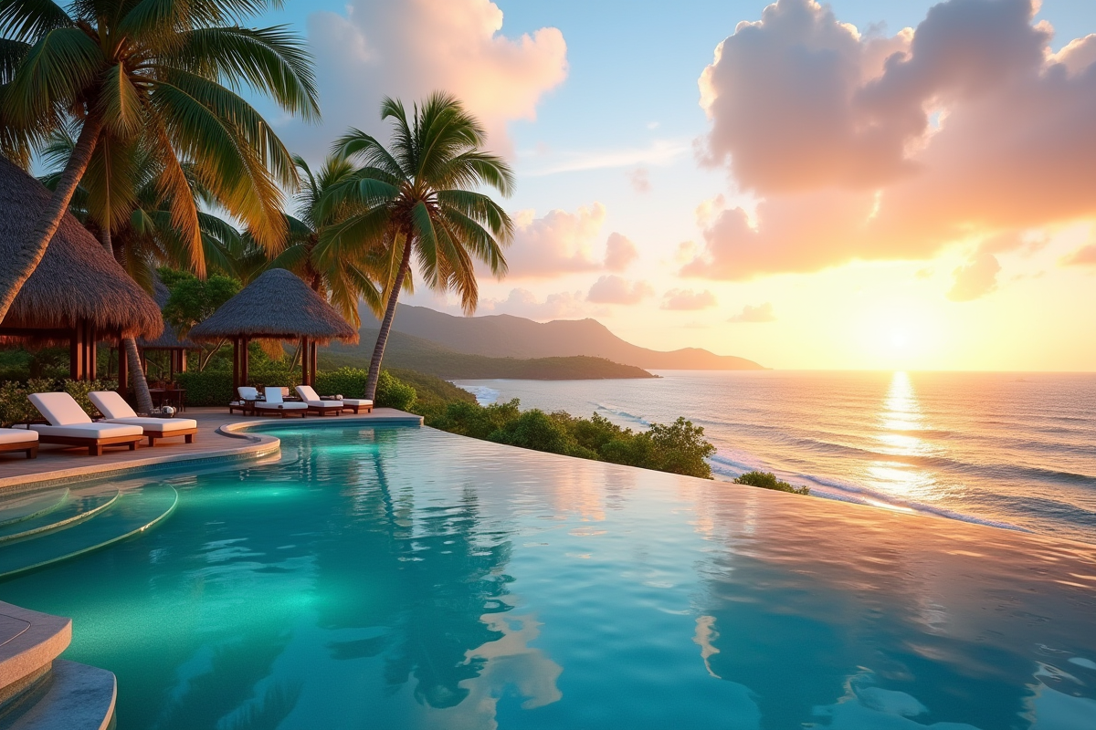 Piscine à débordement avec vue sur la côte tropicale au coucher du soleil
