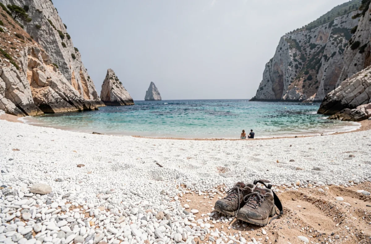Vue de la plage des 3 Pointes depuis le rivage avec ses eaux turquoise et ses falaises calcaires à Bonifacio