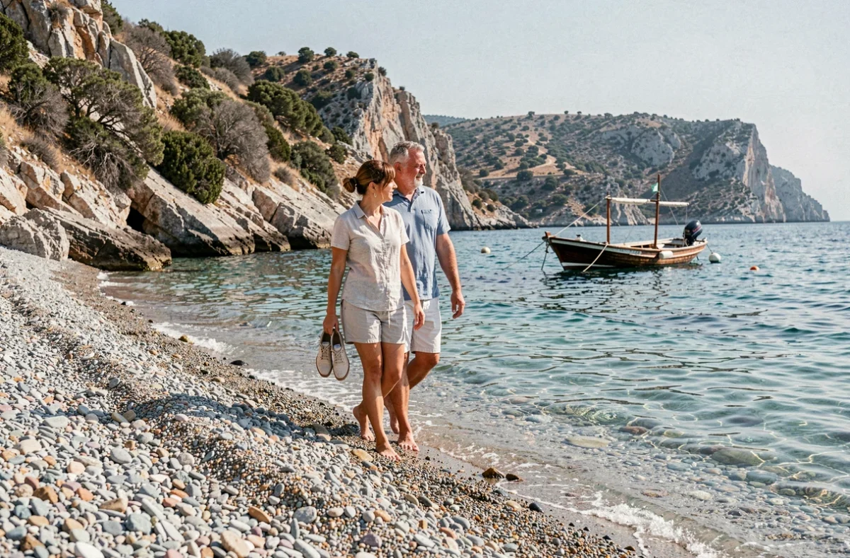 Couple se promenant sur une plage de galets déserte à Chalki en Grèce lors d'un séjour tranquille