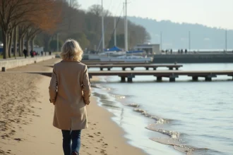 Femme se promenant seule sur la plage de Conleau à Vannes en basse saison, ambiance calme et automne