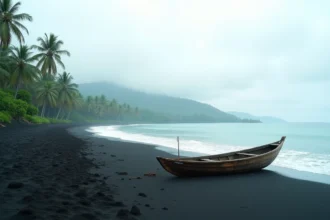 Plage de sable noir volcanique de Lovina à Bali hors saison, déserte avec un bateau de pêche traditionnel jukung au premier plan et mer turquoise calme
