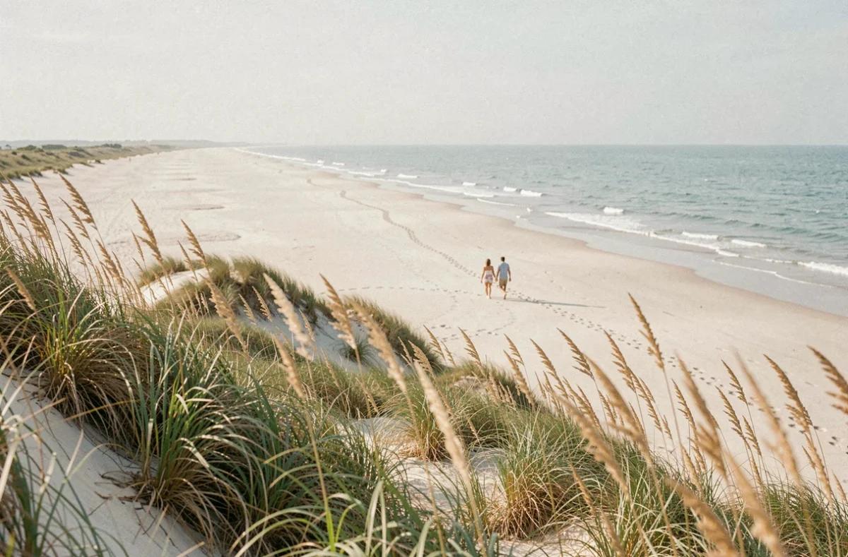 Plage de sable des Outer Banks en Caroline du Nord avec des dunes herbeuses et un couple se promenant au bord de l'eau