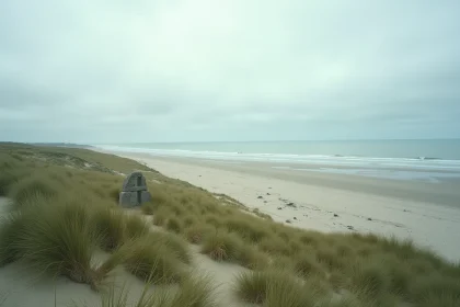 Vue panoramique des plages de Normandie avec dunes, mer et mémorial emblématique sous un ciel nuageux