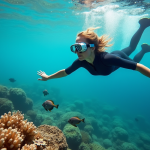 Femme en combinaison de plongée nageant au-dessus d’un récif corallien coloré