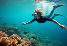 Femme en combinaison de plongée nageant au-dessus d’un récif corallien coloré