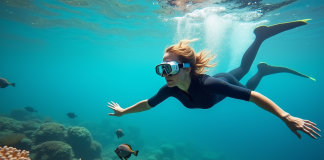 Barrière de corail : comment observer ce joyau de la nature en excursion plongée ? Femme en combinaison de plongée nageant au-dessus d’un récif corallien coloré