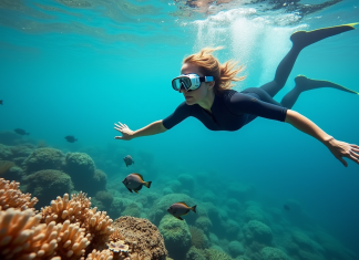 Femme en combinaison de plongée nageant au-dessus d’un récif corallien coloré