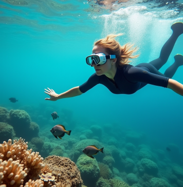 Femme en combinaison de plongée nageant au-dessus d’un récif corallien coloré