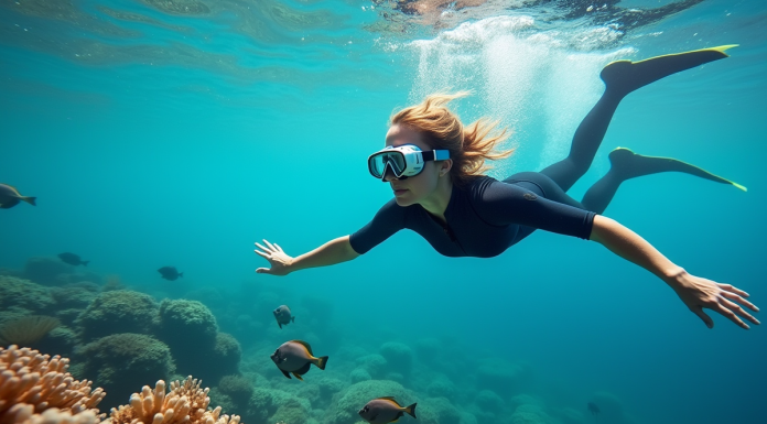 Femme en combinaison de plongée nageant au-dessus d’un récif corallien coloré