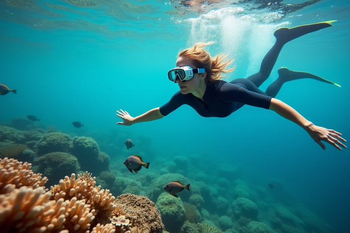 Femme en combinaison de plongée nageant au-dessus d’un récif corallien coloré