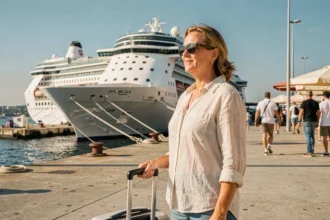 Voyageuse au port de Civitavecchia avec un paquebot de croisière en arrière-plan, escale à Rome