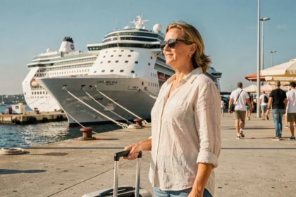 Voyageuse au port de Civitavecchia avec un paquebot de croisière en arrière-plan, escale à Rome