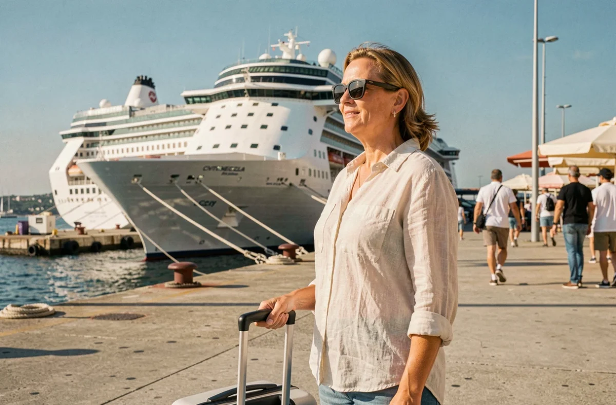 Voyageuse au port de Civitavecchia avec un paquebot de croisière en arrière-plan, escale à Rome