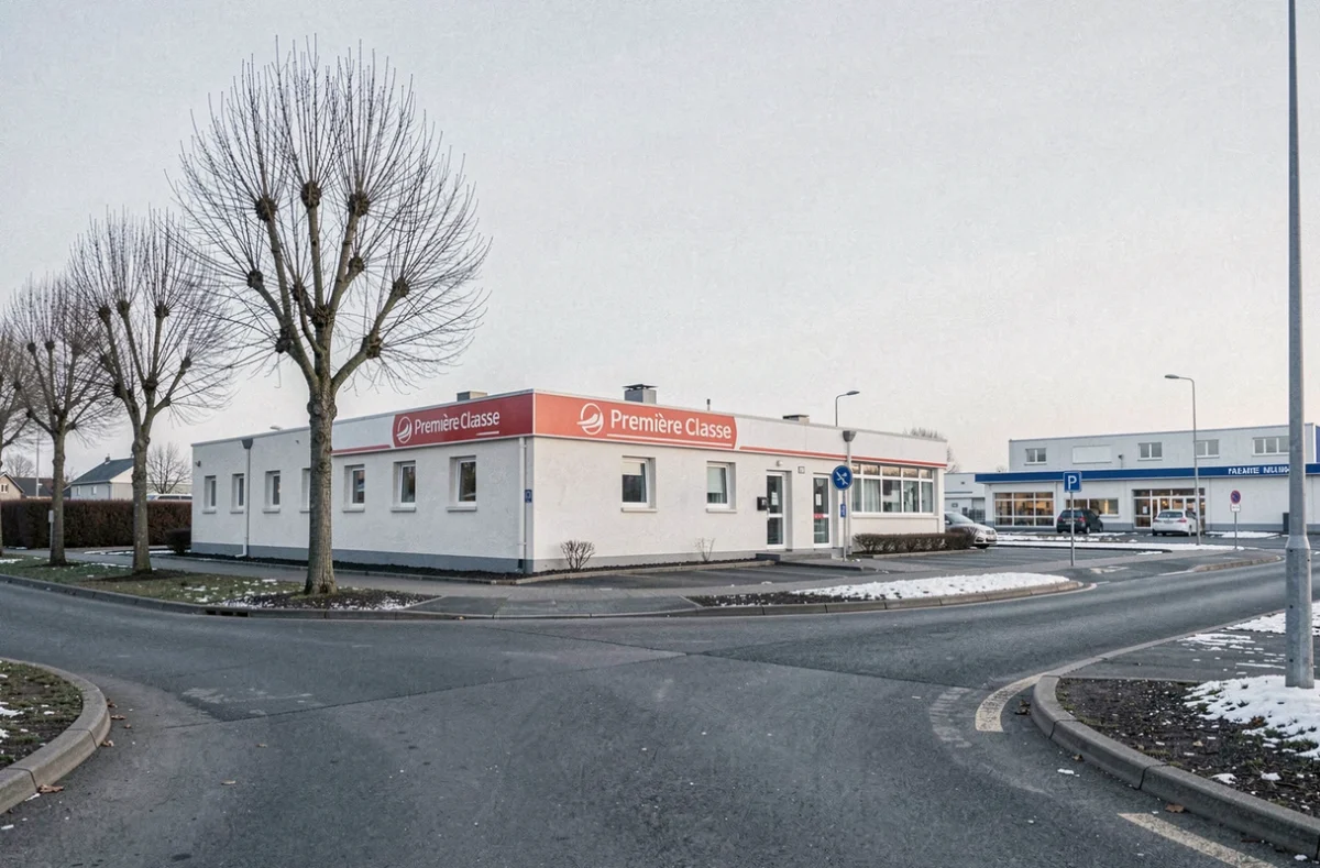 Extérieur de l'hôtel Première Classe Alençon avec sa signalétique rouge et blanche en bordure de route, dans un cadre péri-urbain normand sous un ciel hivernal pâle
