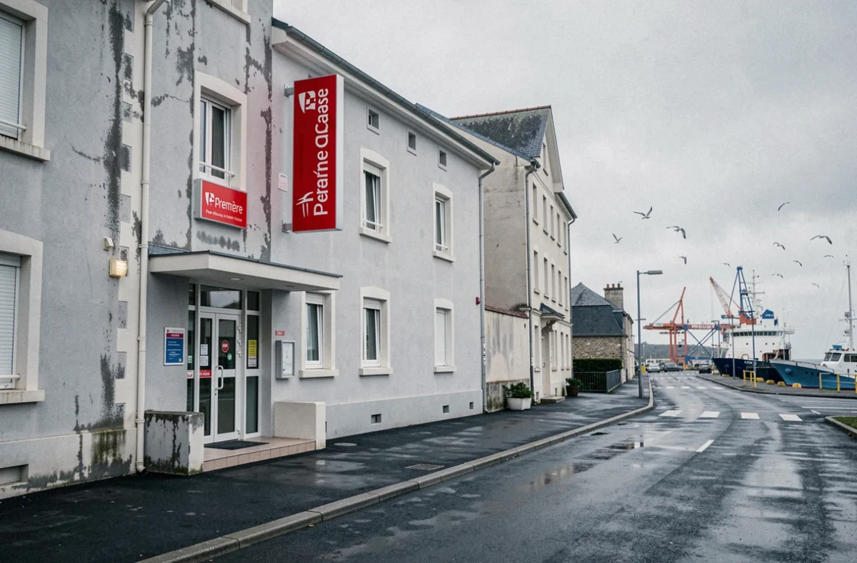 Façade de l'hôtel Première Classe Cherbourg avec l'atmosphère maritime du port en arrière-plan et des mouettes au loin
