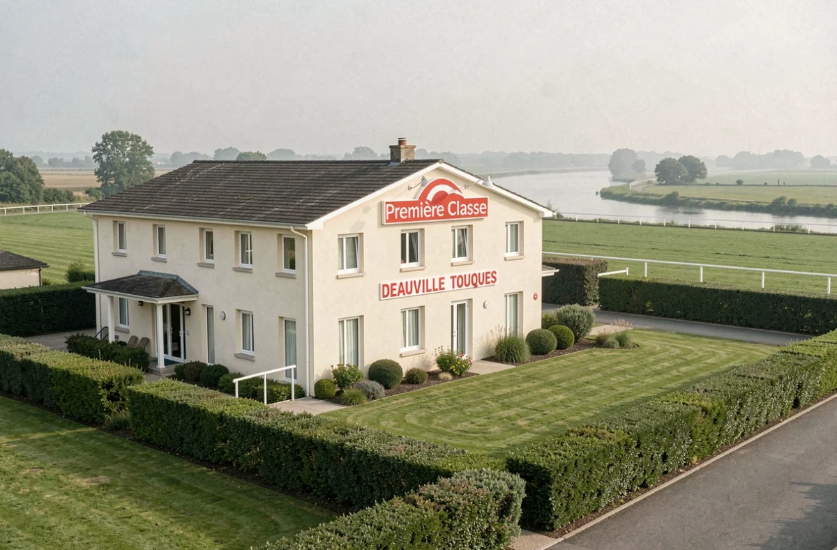 Hôtel Première Classe Deauville - Touques avec sa façade soignée, des haies normandes et le paysage verdoyant du pays d'Auge avec la rivière Touques en arrière-plan