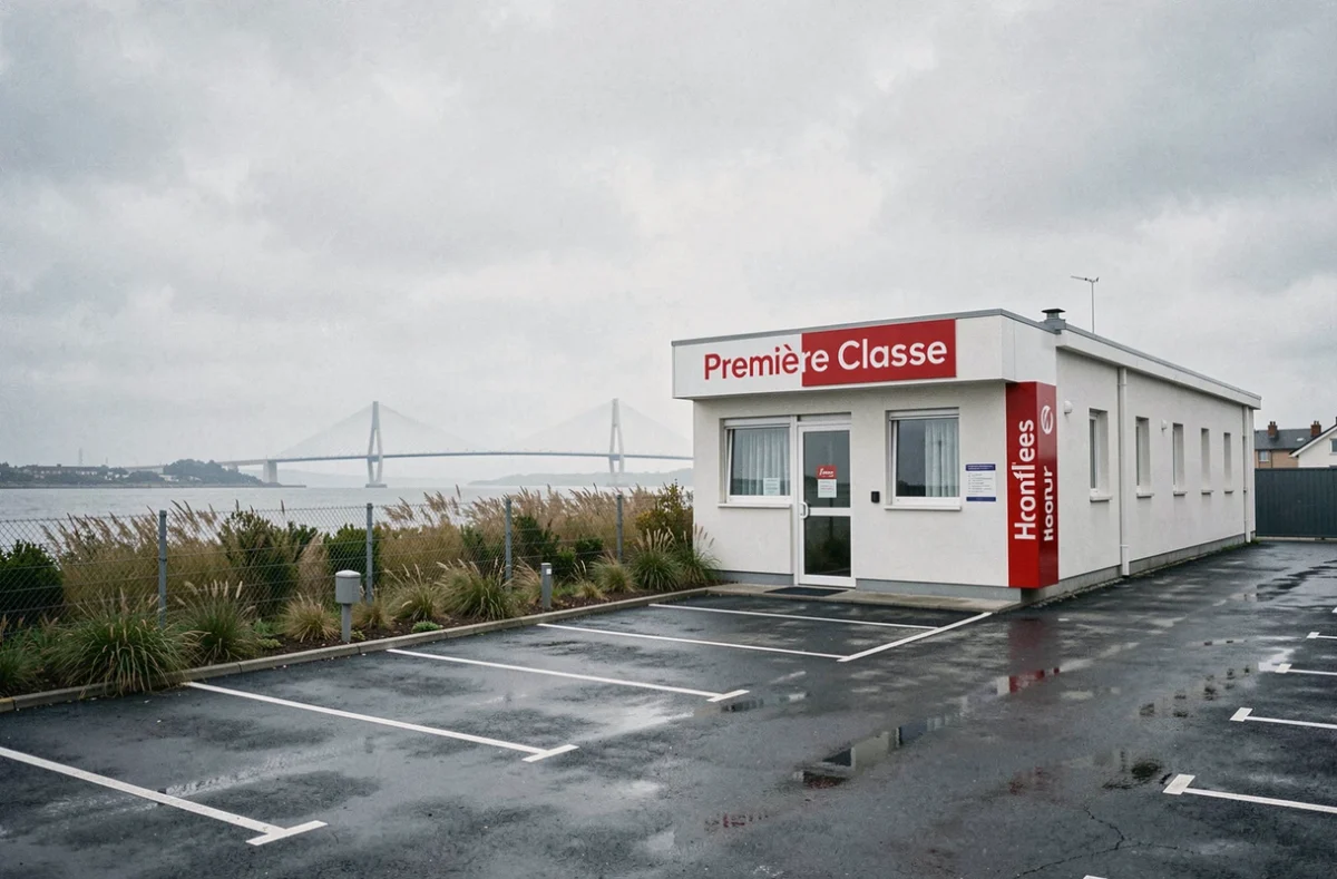 Façade de l'hôtel Première Classe Honfleur avec la silhouette du Pont de Normandie et l'estuaire de la Seine visibles en arrière-plan sous un ciel côtier nuageux