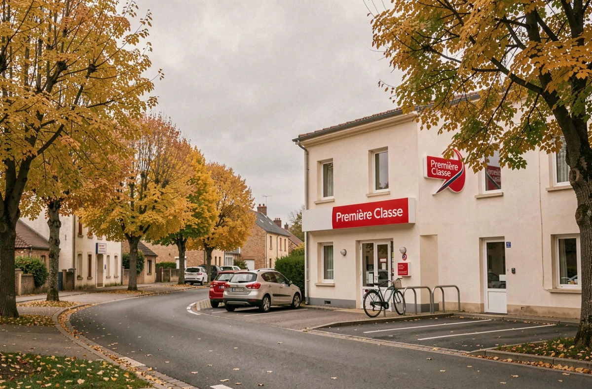 Extérieur de l'hôtel Première Classe Lisieux avec sa signalétique rouge et blanche, entouré d'arbres aux teintes automnales dorées dans un cadre normand tranquille