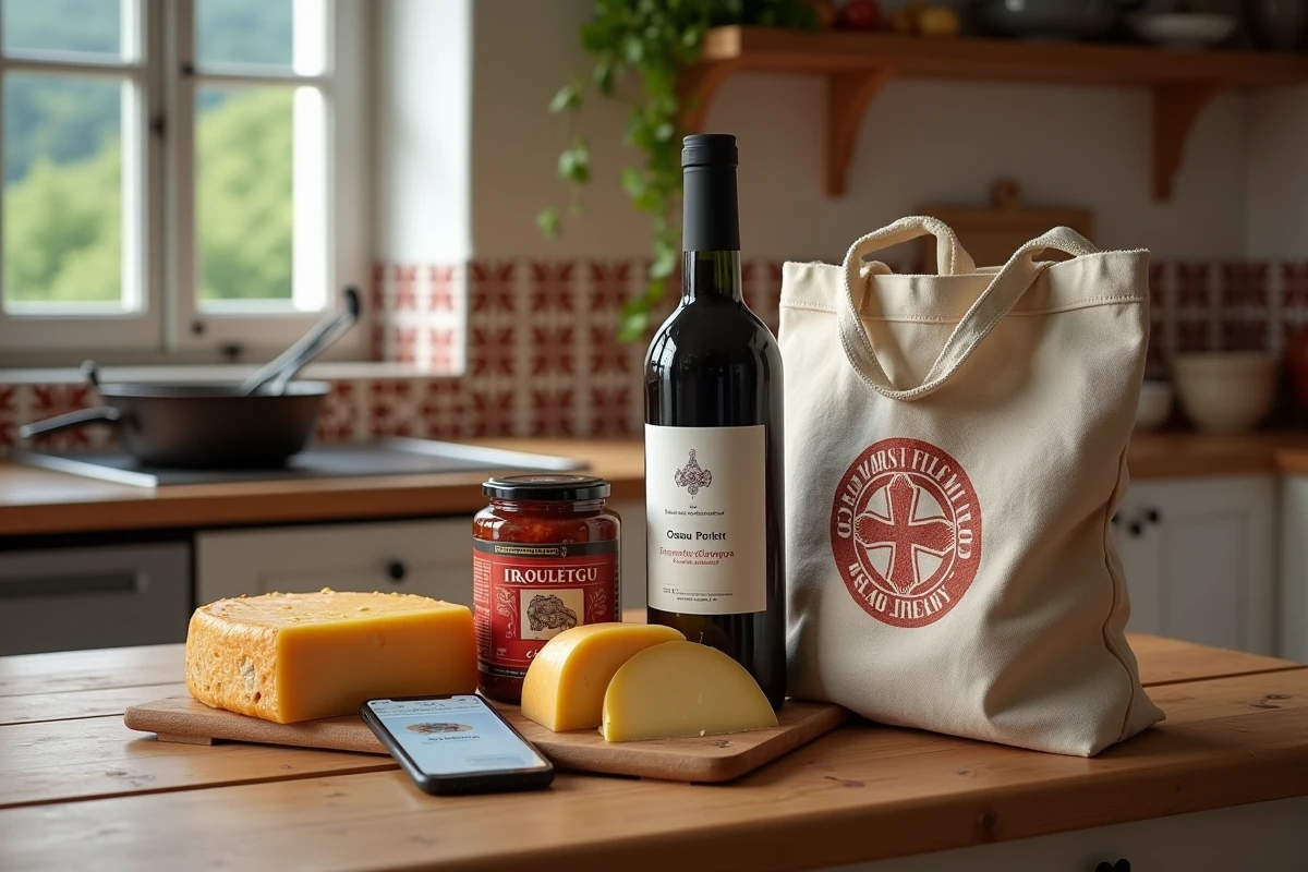 Produits artisanaux basques commandés sur Merkatu.fr disposés sur une table de cuisine traditionnelle