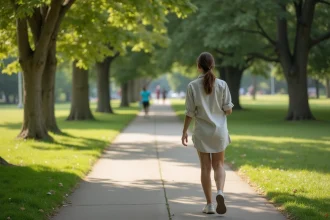 Femme se promenant sur une allée calme de Corona Park à Queens, New York, entourée de verdure et loin de la foule
