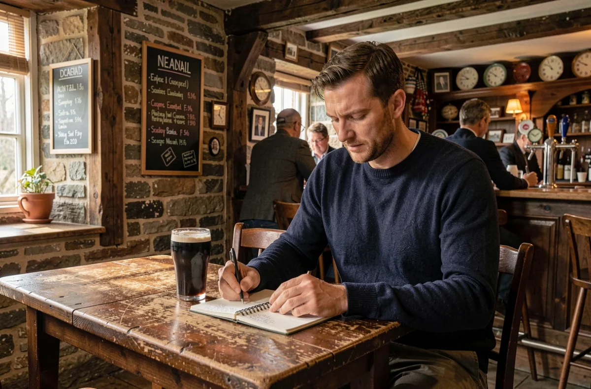Voyageur planifiant son itinéraire irlandais économique dans un pub traditionnel avec carnet de voyage et pinte de stout