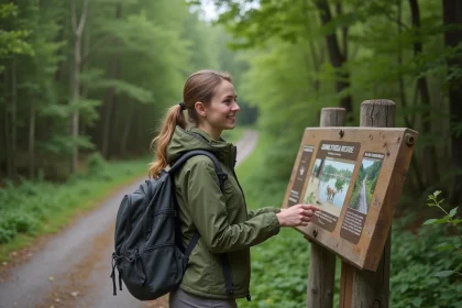 Jeune femme observant un panneau nature en for&ecirc;t