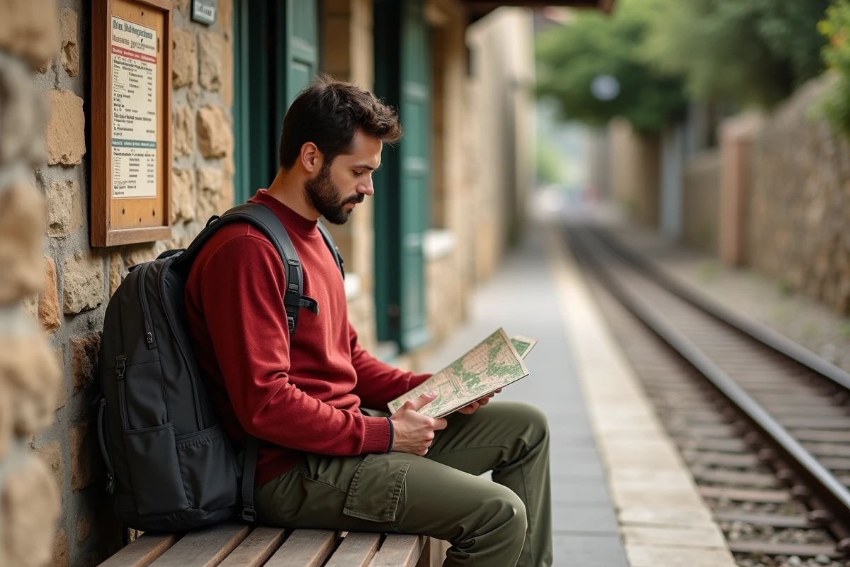 Randonneur consultant les horaires de train à une petite gare rurale de Corse