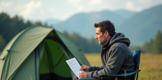 Amende camping sauvage : quel montant prévoir en France ? Homme en pleine nature assis près de sa tente en forêt