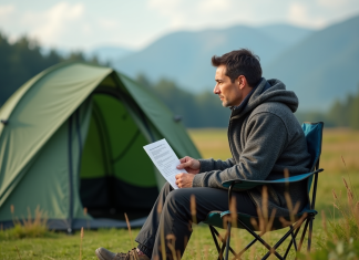 Amende camping sauvage : quel montant prévoir en France ? Homme en pleine nature assis près de sa tente en forêt