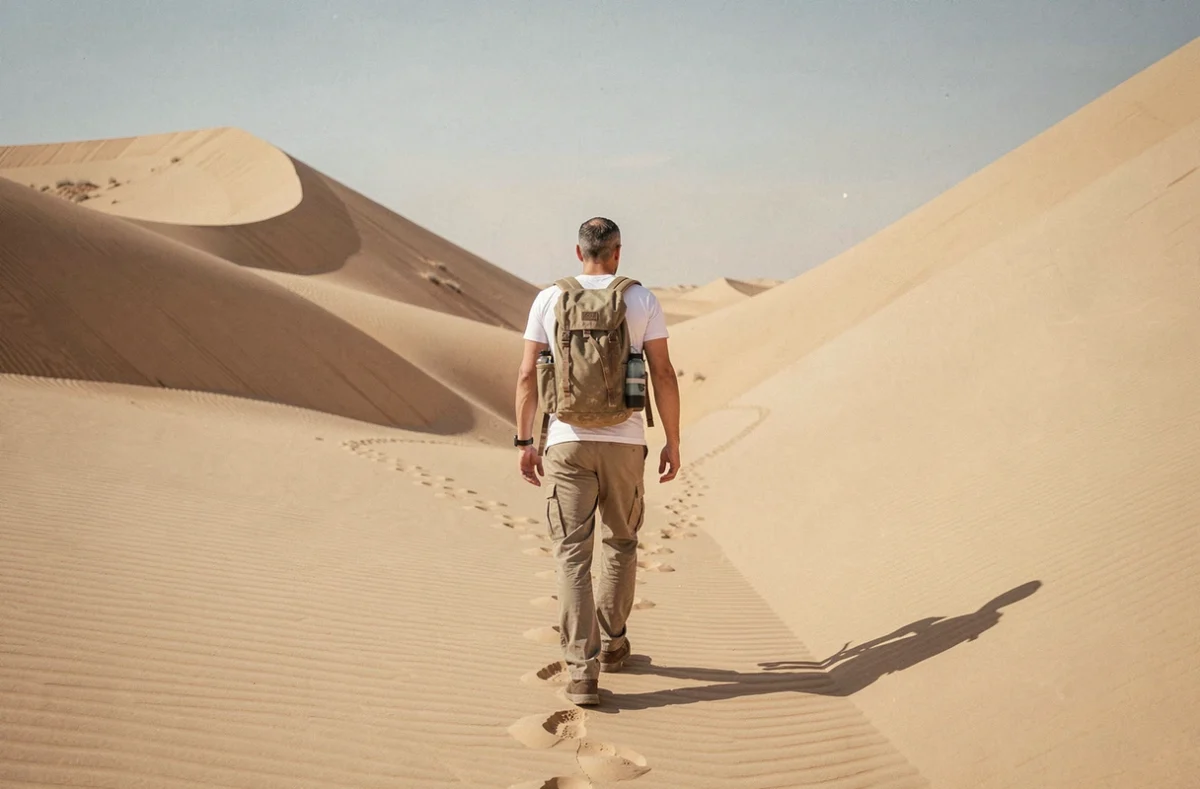 Voyageur solo marchant seul entre les grandes dunes de sable de Ksar Ghilane avec un sac à dos léger