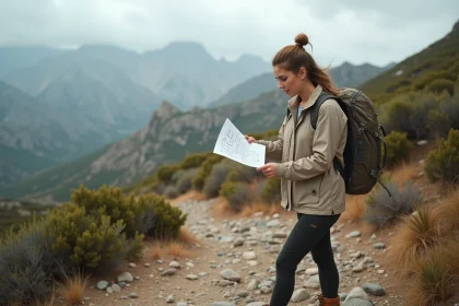 Randonneuse consultant l'horaire de la micheline corse sur un sentier de montagne en Corse