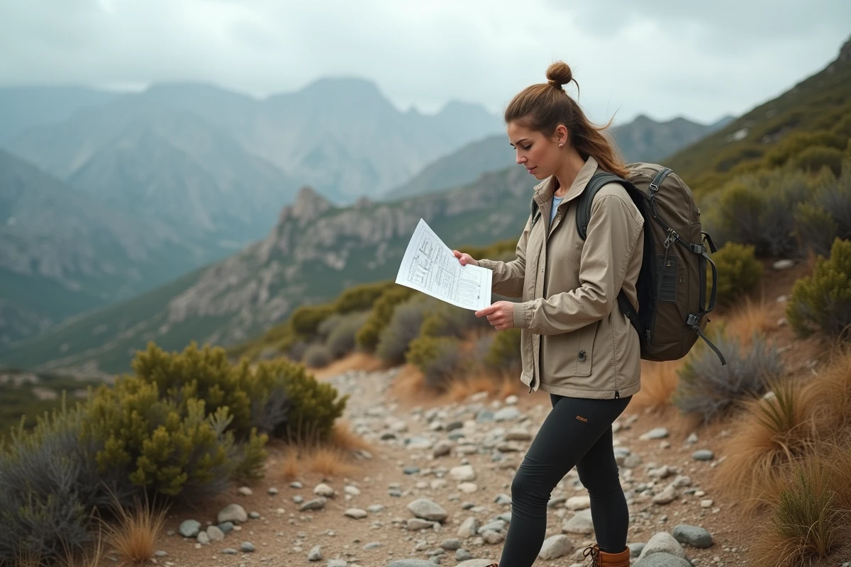 Randonneuse consultant l'horaire de la micheline corse sur un sentier de montagne en Corse