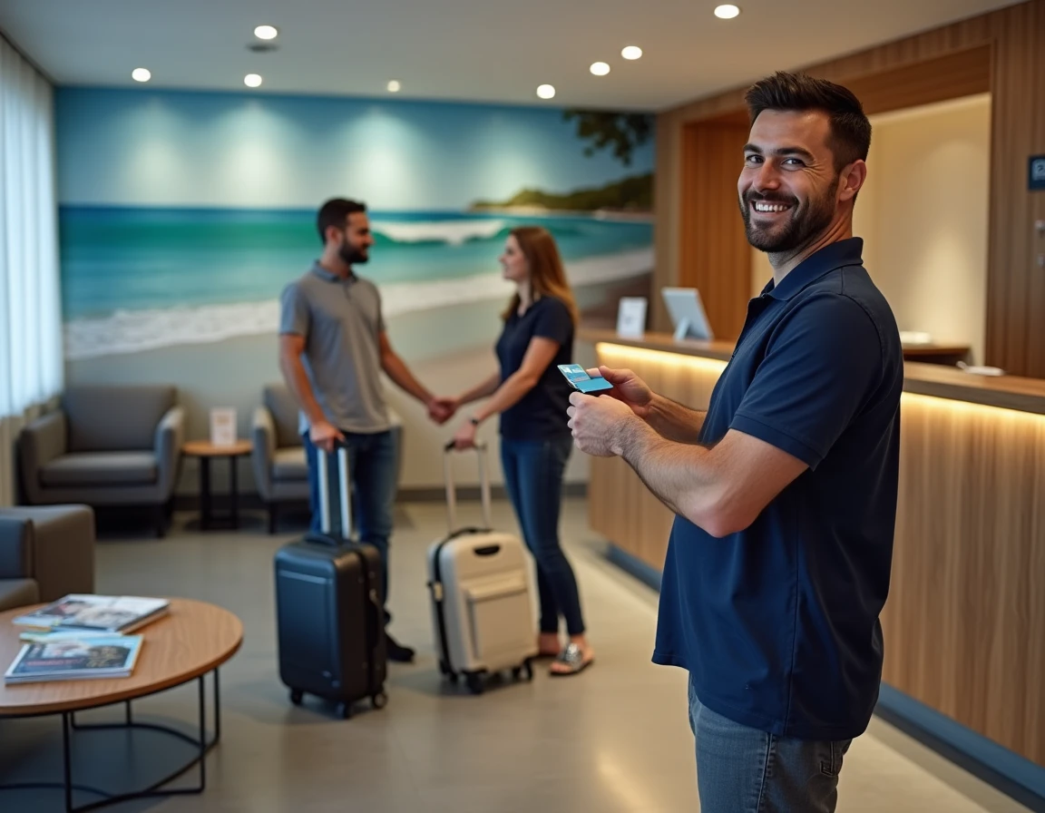 Réception accueillante d'un hôtel Ibis Budget à Anglet avec personnel souriant et décor inspiré de la côte basque