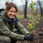 Femme plantant des jeunes arbres après un incendie