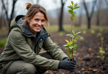 Femme plantant des jeunes arbres après un incendie